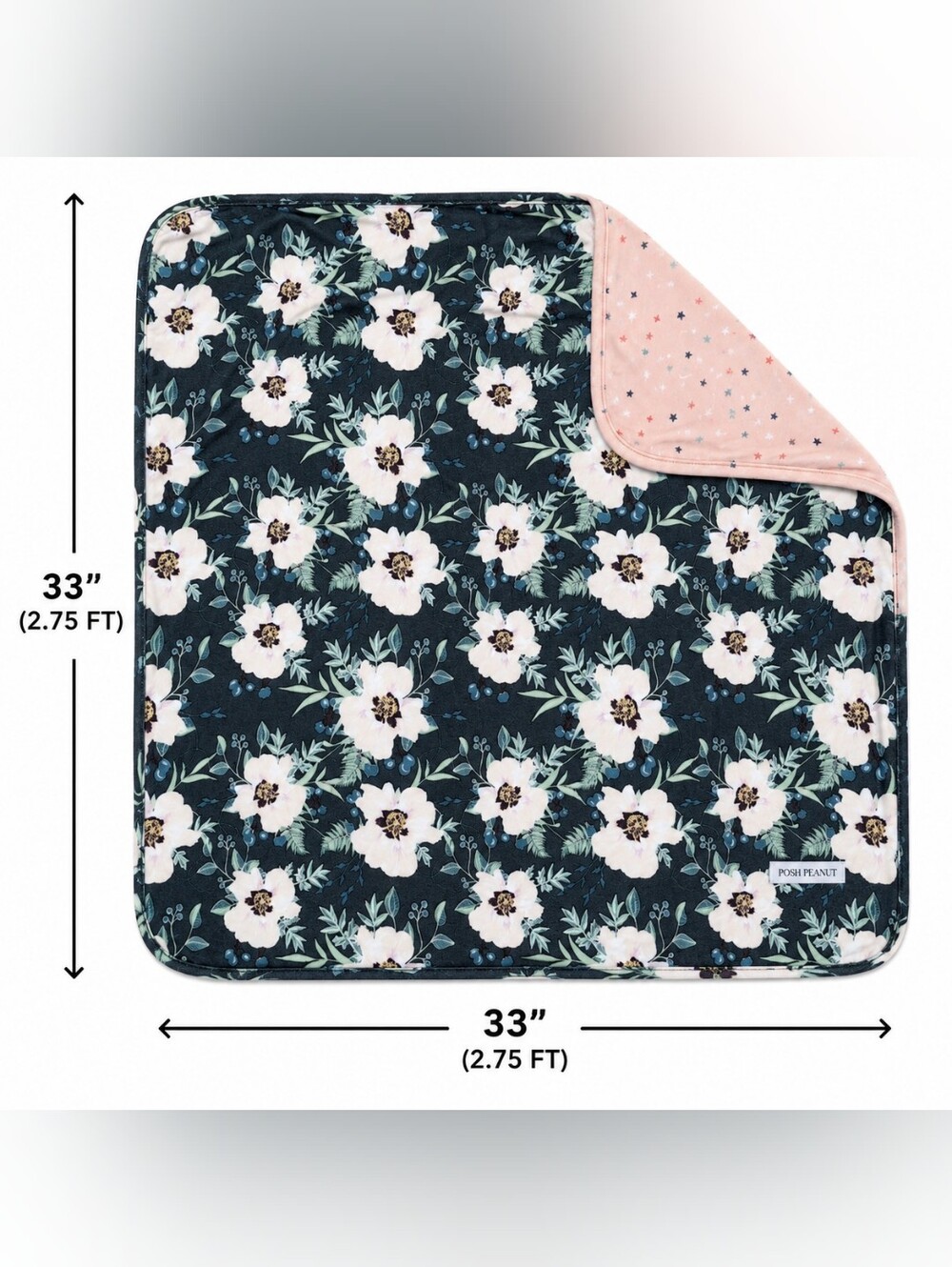 POSH PEANUT REVERSIBLE PATOO Reversible Floral Baby Blanket Navy and Pink 33*33